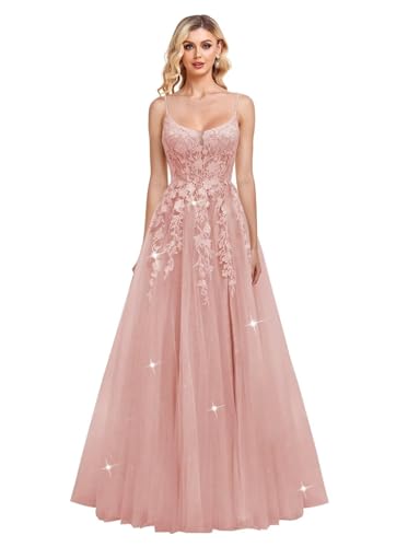 JIIL Damen Glitzer Tüll Abschlussballkleider Spaghettiträger Ballkleid Lang Spitze Applikationen Formale Abendkleider Staubige Rose 34 von JIIL