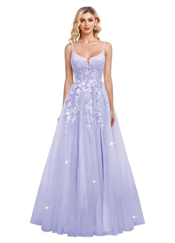 JIIL Damen Glitzer Tüll Abschlussballkleider Spaghettiträger Lang A-Line Ballkleid Spitze Applikationen Formale Abendkleider Lavendel 44 von JIIL