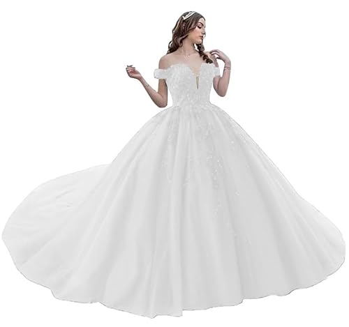 JIIL Damen Glitzer Tüll Hochzeitskleider Lang Schulterfrei Abendkleider V-Ausschnitt Brautkleid Prinzessin Formale Ballkleid Weiß 38 von JIIL