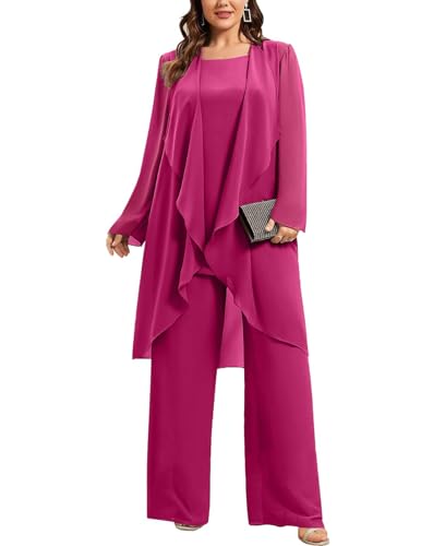 JIIL Damen Große Größen Chiffon Hosenanzug Festlich Elegant Dreiteiliger Langarm Cocktail Party Abendanzug Sets Fuchsie 48 von JIIL