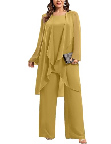 JIIL Damen Große Größen Chiffon Hosenanzug Festlich Elegant Dreiteiliger Langarm Cocktail Party Abendanzug Sets Gold 48 von JIIL