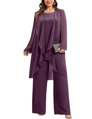 JIIL Damen Große Größen Chiffon Hosenanzug Festlich Elegant Dreiteiliger Langarm Cocktail Party Abendanzug Sets Pflaume 46 von JIIL