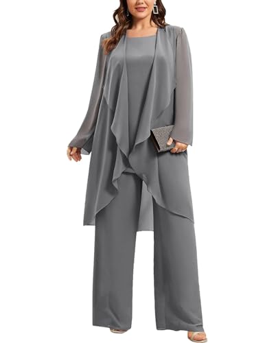 JIIL Damen Große Größen Chiffon Hosenanzug Festlich Elegant Dreiteiliger Langarm Cocktail Party Abendanzug Sets Stahlgrau 58 JIIL Damen Große Größen Chiffon Hosenanzug Festlich Elegant Dreiteiliger Langarm Cocktail Party Abendanzug Sets Stahlgrau 58 von JIIL