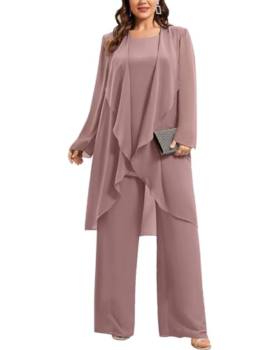 JIIL Damen Große Größen Chiffon Hosenanzug Festlich Elegant Dreiteiliger Langarm Cocktail Party Abendanzug Sets Staubige Rose 58 von JIIL