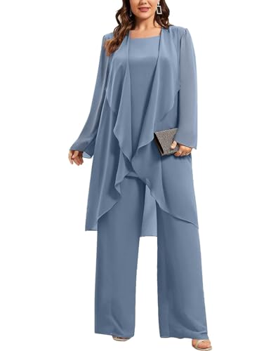 JIIL Damen Große Größen Chiffon Hosenanzug Festlich Elegant Dreiteiliger Langarm Cocktail Party Abendanzug Sets Staubiges Blau 48 von JIIL
