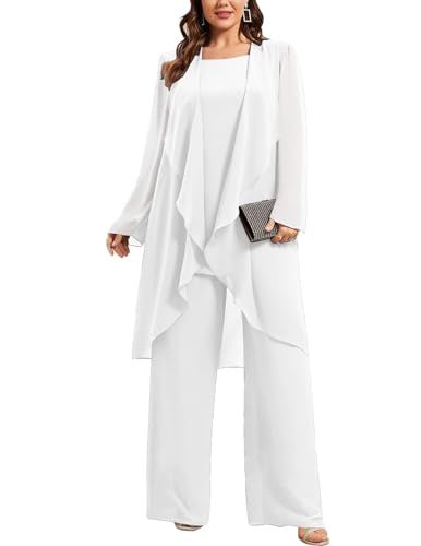 JIIL Damen Große Größen Chiffon Hosenanzug Festlich Elegant Dreiteiliger Langarm Cocktail Party Abendanzug Sets Weiß 56 von JIIL