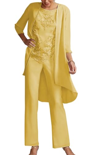 JIIL Damen Große Größen Hosenanzug - Dreiteilig Spitze Mutter des Bräutigams Hosenanzüge Gold 44 von JIIL