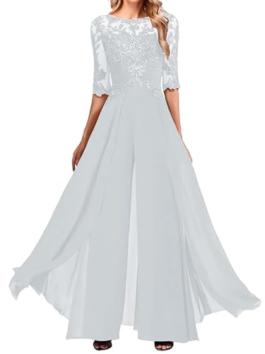 JIIL Damen Hosenanzüg für Hochzeit Spitzenapplikationen Brautmutterkleid mit Ärmel Elegant Abend Jumpsuit Weiß 42 von JIIL