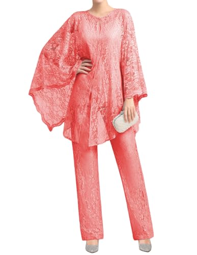 JIIL Damen Hosenanzug 3 Teilig - Elegant Spitze Abendkleid mit Bolero Lang Hosen Set Festliche Koralle 48 von JIIL