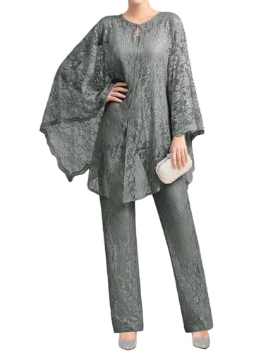 JIIL Damen Hosenanzug 3 Teilig - Elegant Spitze Abendkleid mit Bolero Lang Hosen Set Festliche Stahlgrau 48 von JIIL