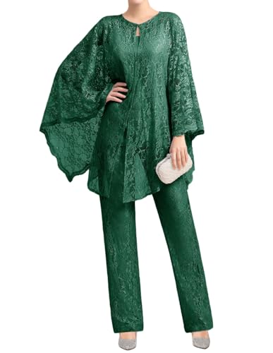 JIIL Damen Hosenanzug Festliche Elegant - 3 Teilig Spitze Langarm Brautmutter Hosen Set mit Jacke Dunkel grün 40 JIIL Damen Hosenanzug Festliche Elegant - 3 Teilig Spitze Langarm Brautmutter Hosen Set mit Jacke Dunkel grün 40 von JIIL