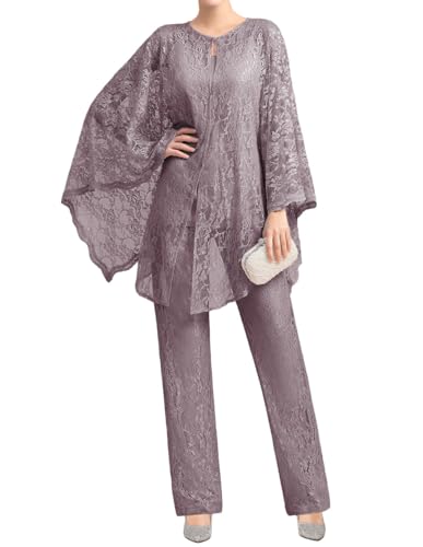JIIL Damen Hosenanzug Festliche Elegant - 3 Teilig Spitze Langarm Brautmutter Hosen Set mit Jacke Mauve 54 JIIL Damen Hosenanzug Festliche Elegant - 3 Teilig Spitze Langarm Brautmutter Hosen Set mit Jacke Mauve 54 von JIIL