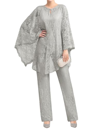 JIIL Damen Hosenanzug Festliche Elegant - 3 Teilig Spitze Langarm Brautmutter Hosen Set mit Jacke Silber 54 von JIIL