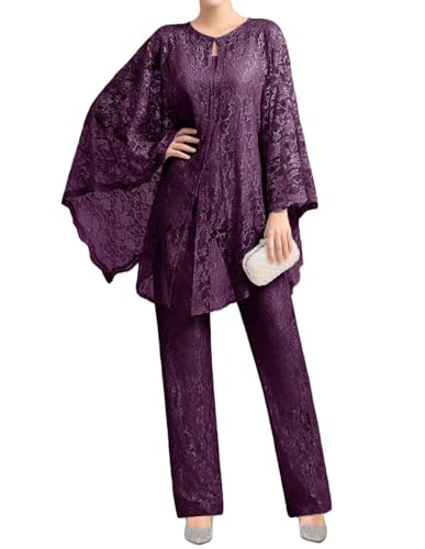 JIIL Damen Hosenanzug Festliche Elegant - 3 Teilig Spitze Langarm Brautmutter Hosen Set mit Jacke Traube 54 von JIIL