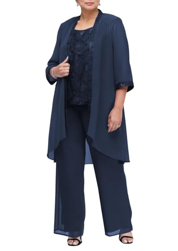JIIL Damen Hosenanzug Große Größen 3-Teilig Spitze Chiffon Abendanzug Sets Festlich Elegant Hosenanzug Hochzeit Navy Blau 54 von JIIL