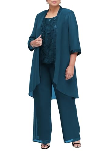 JIIL Damen Hosenanzug Große Größen 3-Teilig Spitze Chiffon Abendanzug Sets Festlich Elegant Hosenanzug Hochzeit Teal 54 von JIIL