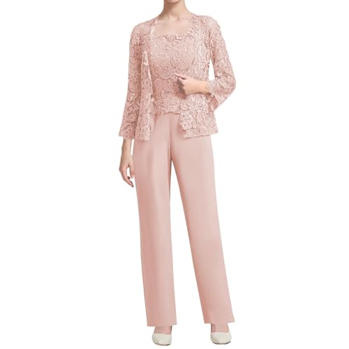 JIIL Damen Hosenanzug für Hochzeit - 3 Teilig Spitze Brautmutterkleider Hochzeitsgast Outfit mit Jacke Staubige Rose 38 von JIIL