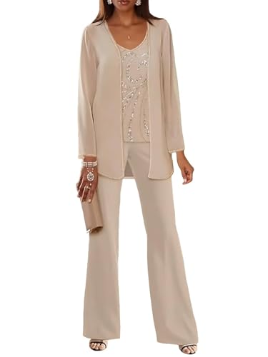 JIIL Damen Hosenanzug für Hochzeit 3 teilig Lange Ärmel Hosenanzüg Elegant Chiffon Brautmutterkleider mit Jacke Champagner 48 von JIIL