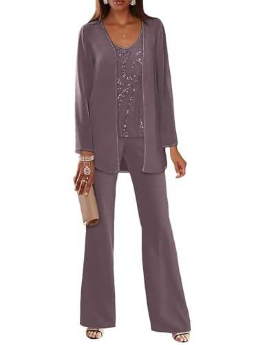 JIIL Damen Hosenanzug für Hochzeit 3 teilig Lange Ärmel Hosenanzüg Elegant Chiffon Brautmutterkleider mit Jacke Mauve 44 von JIIL