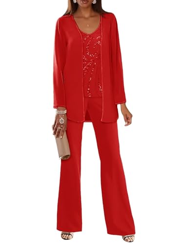 JIIL Damen Hosenanzug für Hochzeit 3 teilig Lange Ärmel Hosenanzüg Elegant Chiffon Brautmutterkleider mit Jacke Rot 44 von JIIL