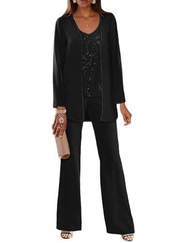 JIIL Damen Hosenanzug für Hochzeit 3 teilig Lange Ärmel Hosenanzüg Elegant Chiffon Brautmutterkleider mit Jacke Schwarz 52 von JIIL