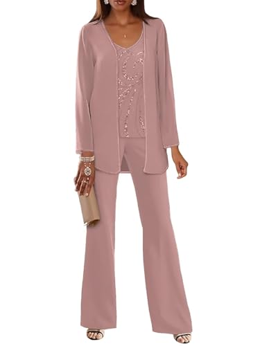 JIIL Damen Hosenanzug für Hochzeit 3 teilig Lange Ärmel Hosenanzüg Elegant Chiffon Brautmutterkleider mit Jacke Staubige Rose 40 von JIIL