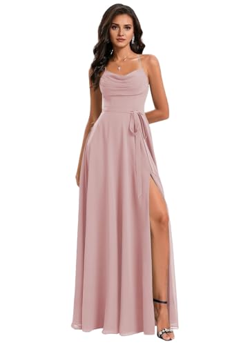 JIIL Damen Neckholder Abendkleid - Lang mit Schlitz Ballkleid Elegant für Hochzeit Spaghettiträger Promkleid Dunkel-rosa 38 von JIIL