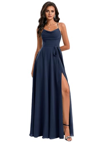 JIIL Damen Neckholder Abendkleid - Lang mit Schlitz Ballkleid Elegant für Hochzeit Spaghettiträger Promkleid Navy 38 von JIIL