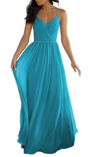 JIIL Damen Spaghettiträger Abendkleid Lang Chiffon V-Ausschnitt Brautjungfernkleider für Hochzeit Party Kleid Aqua Blau 38 von JIIL