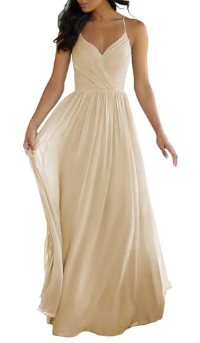 JIIL Damen Spaghettiträger Abendkleid Lang Chiffon V-Ausschnitt Brautjungfernkleider für Hochzeit Party Kleid Champagner 32 von JIIL