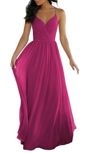 JIIL Damen Spaghettiträger Abendkleid Lang Chiffon V-Ausschnitt Brautjungfernkleider für Hochzeit Party Kleid Fuchsie 40 von JIIL