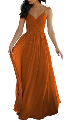 JIIL Damen Spaghettiträger Abendkleid Lang Chiffon V-Ausschnitt Brautjungfernkleider für Hochzeit Party Kleid Gebranntes Orange 42 von JIIL