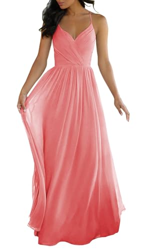 JIIL Damen Spaghettiträger Abendkleid Lang Chiffon V-Ausschnitt Brautjungfernkleider für Hochzeit Party Kleid Koralle 32 von JIIL