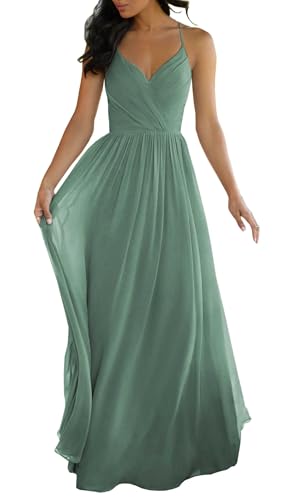 JIIL Damen Spaghettiträger Abendkleid Lang Chiffon V-Ausschnitt Brautjungfernkleider für Hochzeit Party Kleid Pastellgrün 34 von JIIL