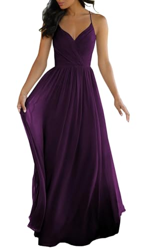 JIIL Damen Spaghettiträger Abendkleid Lang Chiffon V-Ausschnitt Brautjungfernkleider für Hochzeit Party Kleid Pflaume 38 von JIIL