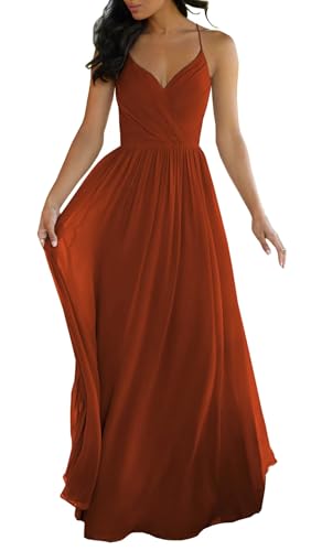 JIIL Damen Spaghettiträger Abendkleid Lang Chiffon V-Ausschnitt Brautjungfernkleider für Hochzeit Party Kleid Rost 36 von JIIL