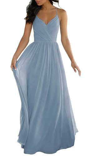 JIIL Damen Spaghettiträger Abendkleid Lang Chiffon V-Ausschnitt Brautjungfernkleider für Hochzeit Party Kleid Staubiges Blau 38 von JIIL