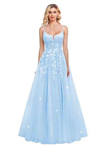 JIIL Damen Spaghettiträger Abendkleider Glitzer Tüll Abschlussballkleider Lang Spitze Applikationen Formale Ballkleid Hellblau 38 von JIIL