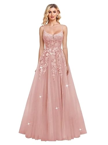 JIIL Damen Spaghettiträger Abendkleider Glitzer Tüll Abschlussballkleider Lang Spitze Applikationen Formale Ballkleid Staubige Rose 38 von JIIL