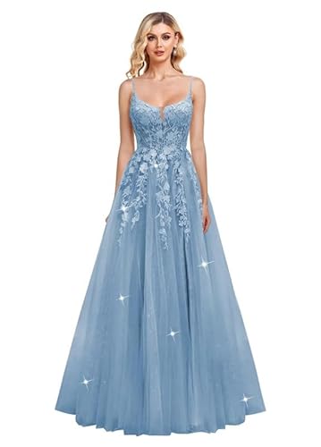 JIIL Damen Spaghettiträger Abendkleider Glitzer Tüll Abschlussballkleider Lang Spitze Applikationen Formale Ballkleid Staubiges Blau 38 von JIIL