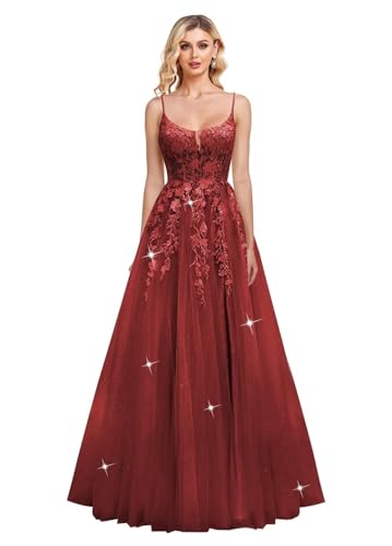 JIIL Damen Spaghettiträger Abendkleider Glitzer Tüll Abschlussballkleider Lang Spitze Applikationen Formale Ballkleid Weinrot 38 von JIIL