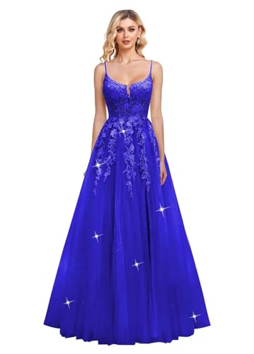 JIIL Damen Spaghettiträger Ballkleid Glitzer Tüll Abendkleider Lang Spitze Applikationen Formale Abschlussballkleider Königsblau 40 von JIIL