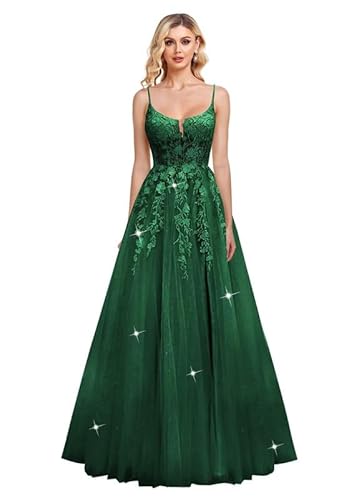 JIIL Damen Spaghettiträger Ballkleid Glitzer Tüll Lang Spitze Applikationen Abendkleider Formale Partykleid Abschlussballkleider Smaragdgrün 50 von JIIL