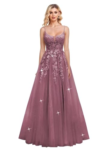 JIIL Damen Spaghettiträger Ballkleid Lang Spitze Applikationen Abendkleider Glitzer Tüll Formale Abschlussballkleider Wüstenrose 36 von JIIL
