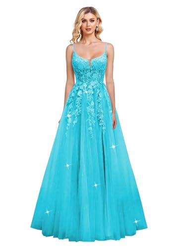 JIIL Damen Spaghettiträger Lang A-Line Ballkleid Glitzer Tüll Abschlussballkleider Spitze Applikationen Formale Abendkleider Aqua 42 von JIIL