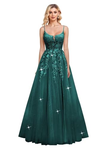 JIIL Damen Spaghettiträger Lang A-Line Ballkleid Glitzer Tüll Abschlussballkleider Spitze Applikationen Formale Abendkleider Teal 42 von JIIL