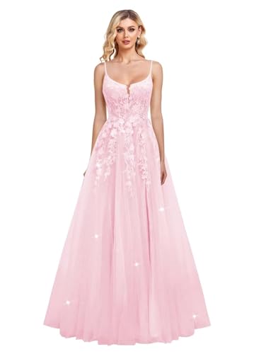 JIIL Damen Spaghettiträger Lang Ballkleid Glitzer Tüll Abschlussballkleider Spitze Applikationen Formale Abendkleider Rosa 32 von JIIL