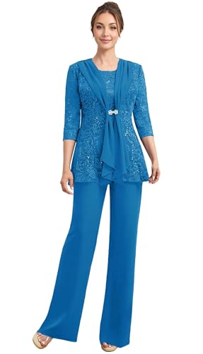 JIIL Damen Spitze 3 Stück Hosenanzüge Brautmutterkleider mit Jacke 3/4 Ärmel Abend Formales Cocktail Outfit Ozeanblau 40 von JIIL