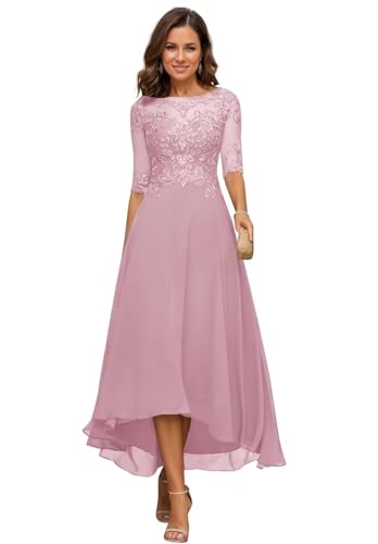 JIIL Damen Teelange Kleider für die Brautmutter Ballkleid Chiffon Spitzenapplikationen A-Linie Abendkleider mit Ärmel Blush 42 von JIIL