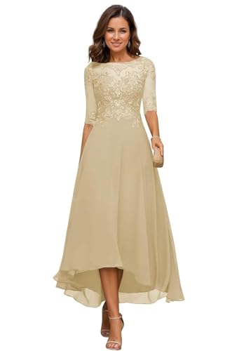 JIIL Damen Teelange Kleider für die Brautmutter Ballkleid Chiffon Spitzenapplikationen A-Linie Abendkleider mit Ärmel Champagner 46 von JIIL